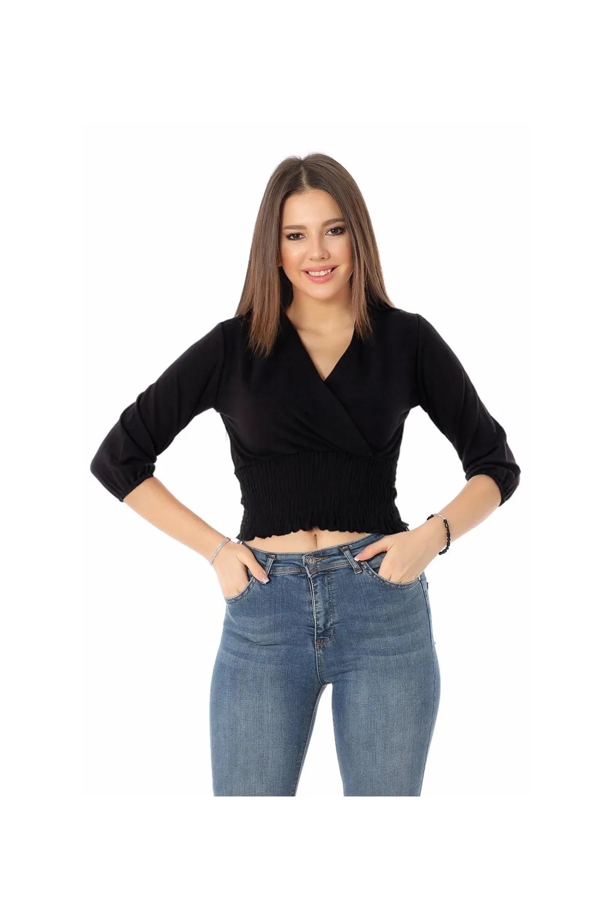 Kadın Gipeli Siyah Kruvaze Yaka Crop Bluz