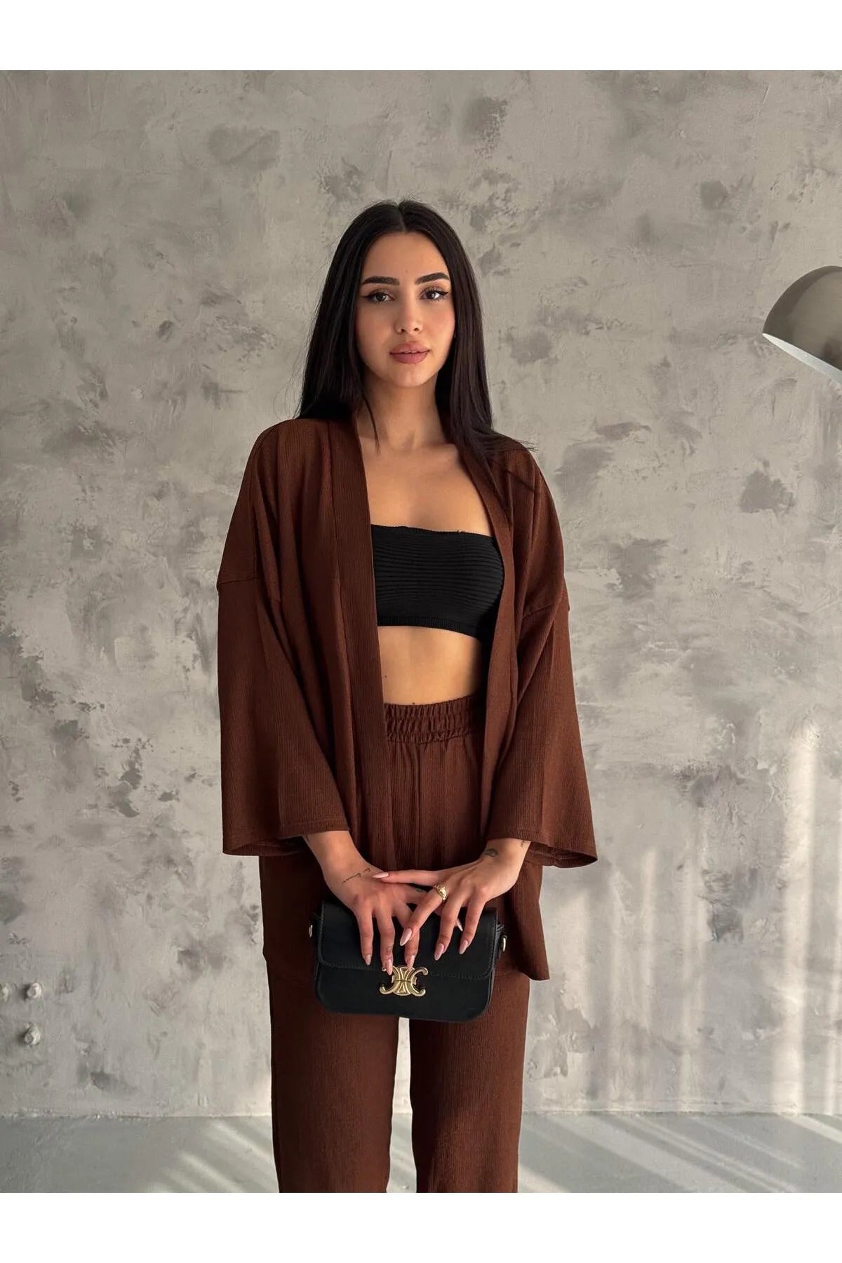 Bürümcük Capri Cep Detaylı Kimono İkili Takım