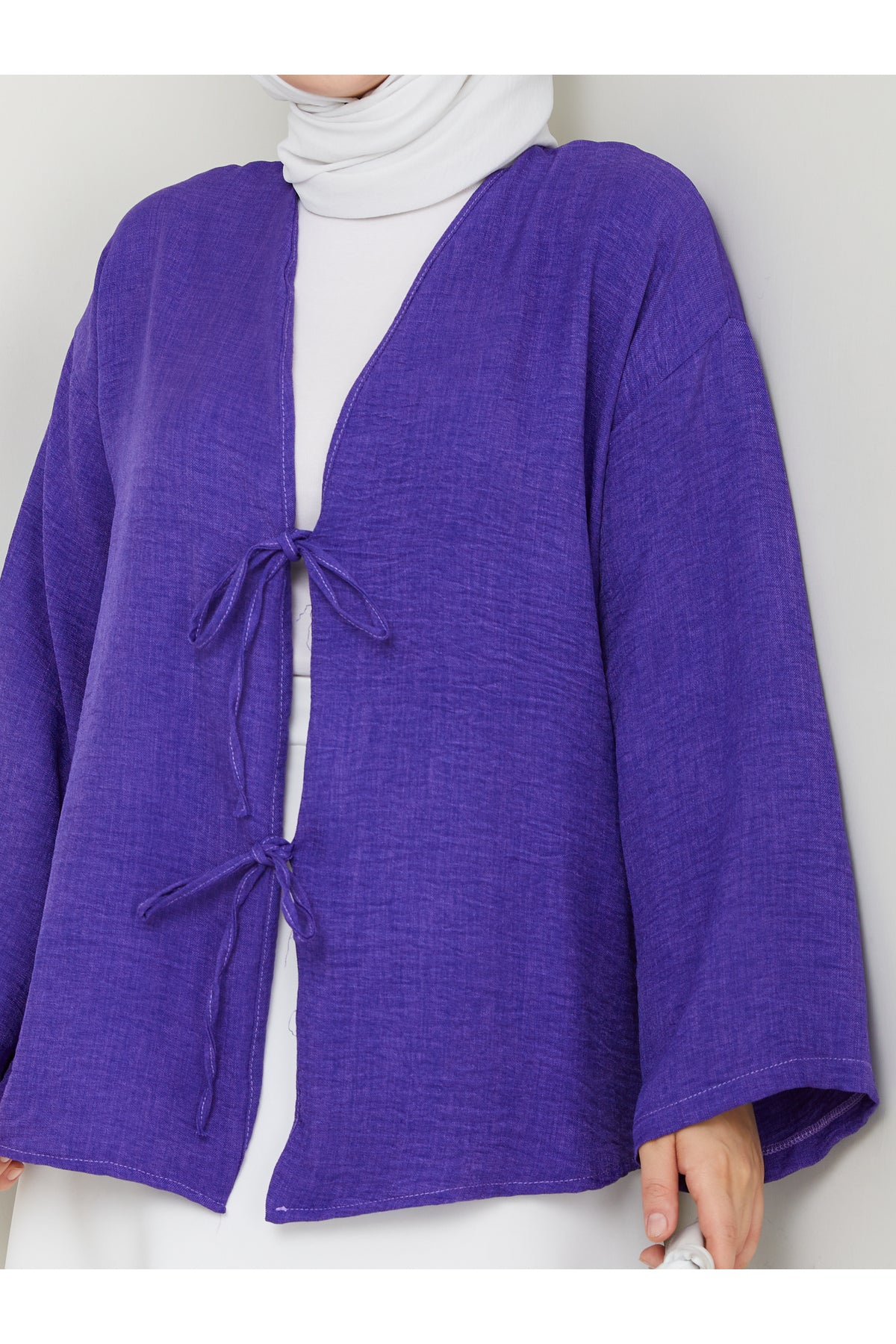 Kadın Tesettür Keten Önü Bağlamalı 2 Bağcıklı Modern Şık Etek Üsttü Leylak Mor Kimono Gömlek