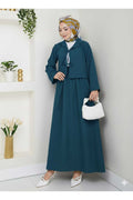 Kadın Tesettür Keten Kumaş Crop Petrol Mavisi Önden Bağlamalı Şık Modern Etekli İkili Kimono Takım