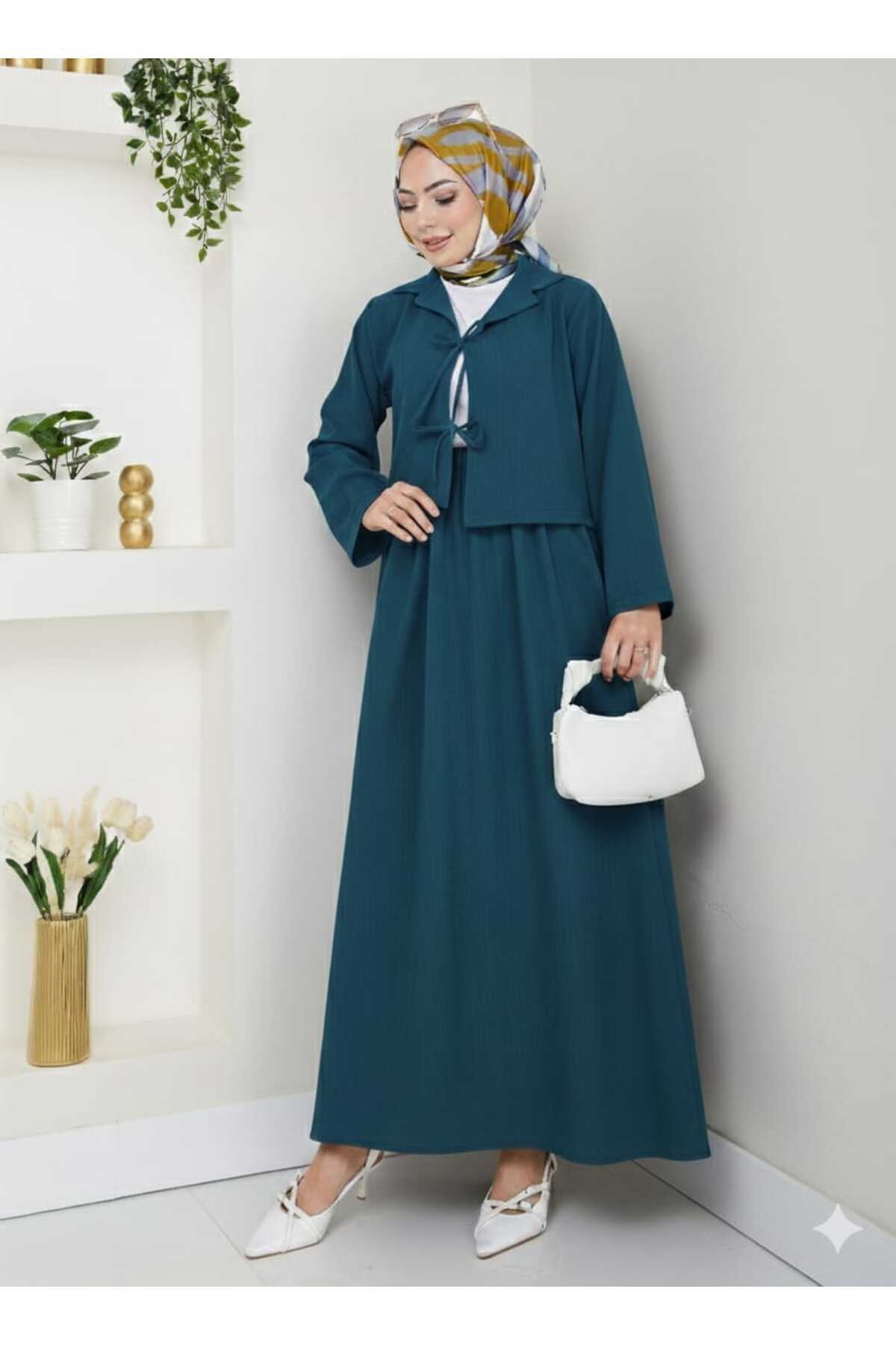 Kadın Tesettür Keten Kumaş Crop Petrol Mavisi Önden Bağlamalı Şık Modern Etekli İkili Kimono Takım