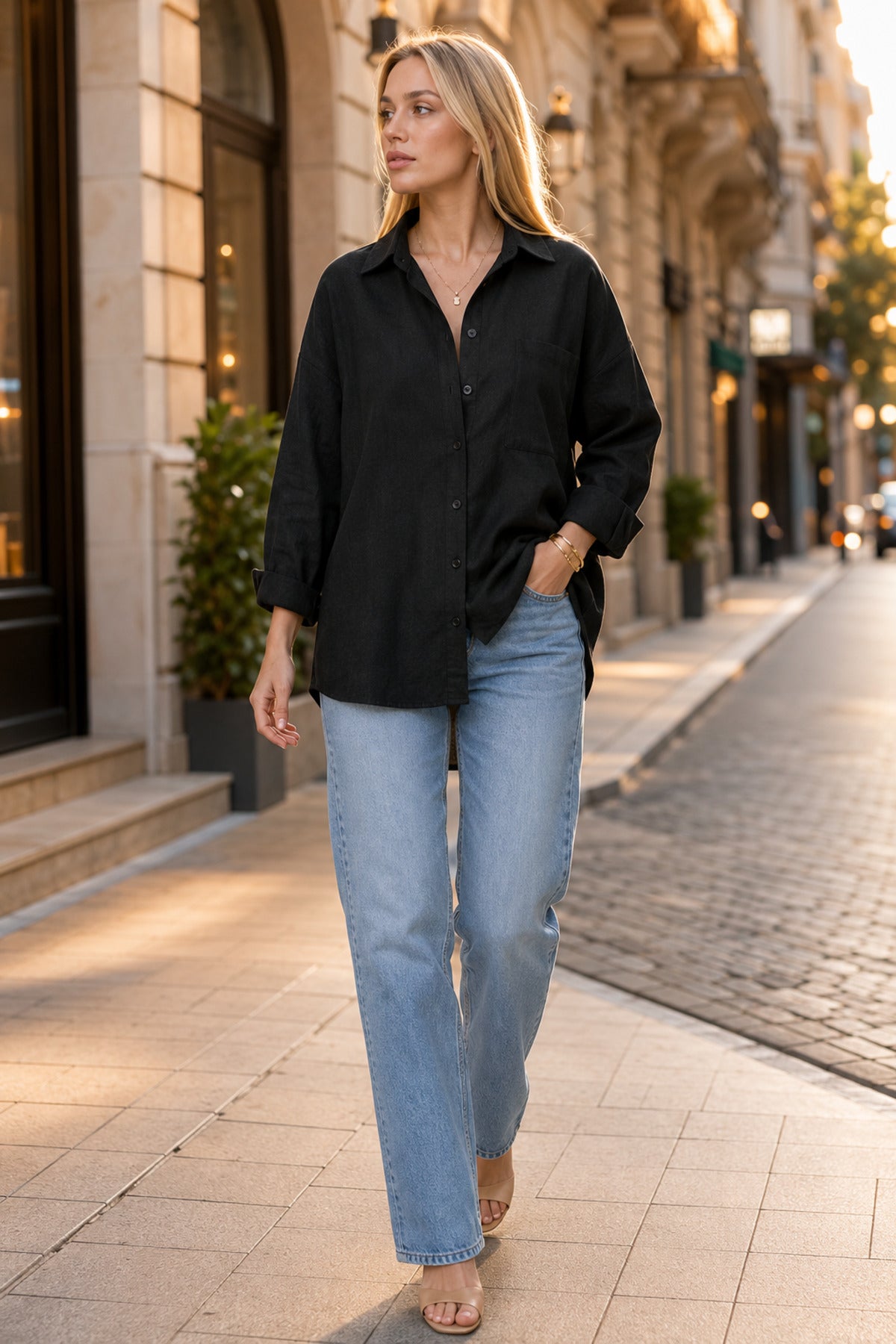 Kadın Siyah Pamuklu Keten Gömlek - Oversize Salaş Uzun Kollu Cepli Kadın Tesettür Gömlek Overshirt