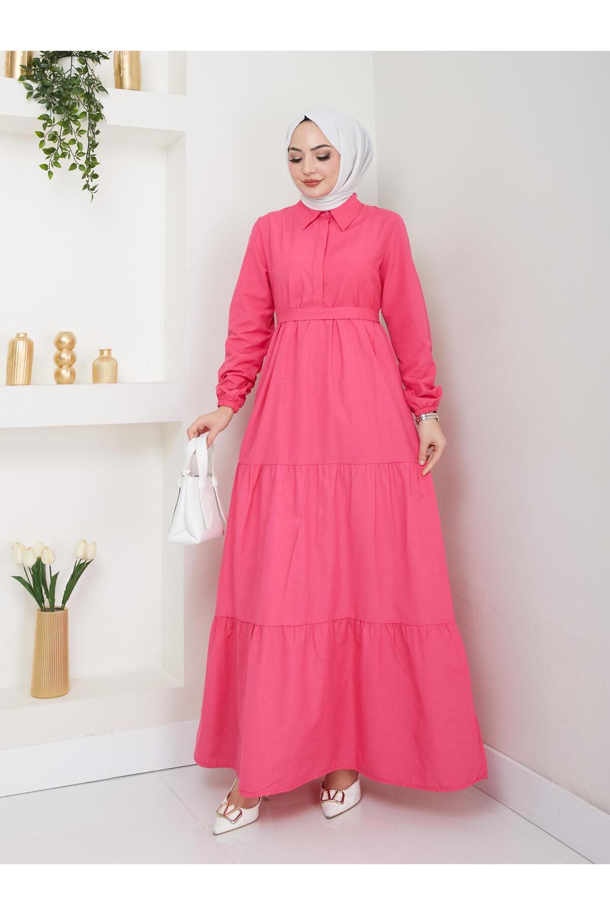 Kadın Tesettür Pembe Uzun Önü Düğmeli Şık Sade Tasarım Elbise