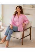 Kadın Pamuklu Keten Açık Pembe Gömlek - Oversize Salaş Uzun Kollu Cepli Kadın Tesettür Gömlek Overshirt
