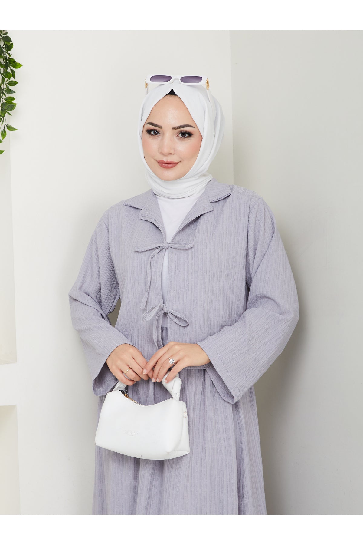 Kadın Tesettür Gofre Kumaş Gri Crop Bağlamalı Şık Modern Etekli İkili Kimono Takım